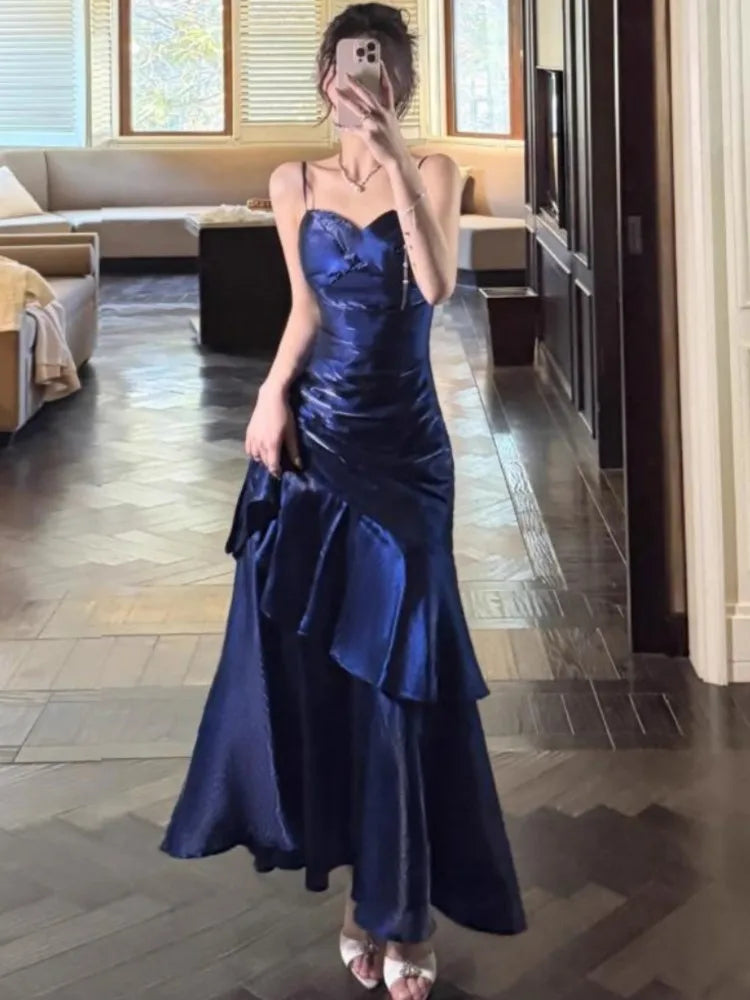 Elegant Romantic Party Women's Spaghetti Strap Dress Female Blue Ruffles Slim Fit Mermaid Dresses Chic Banquet Formal Gown
