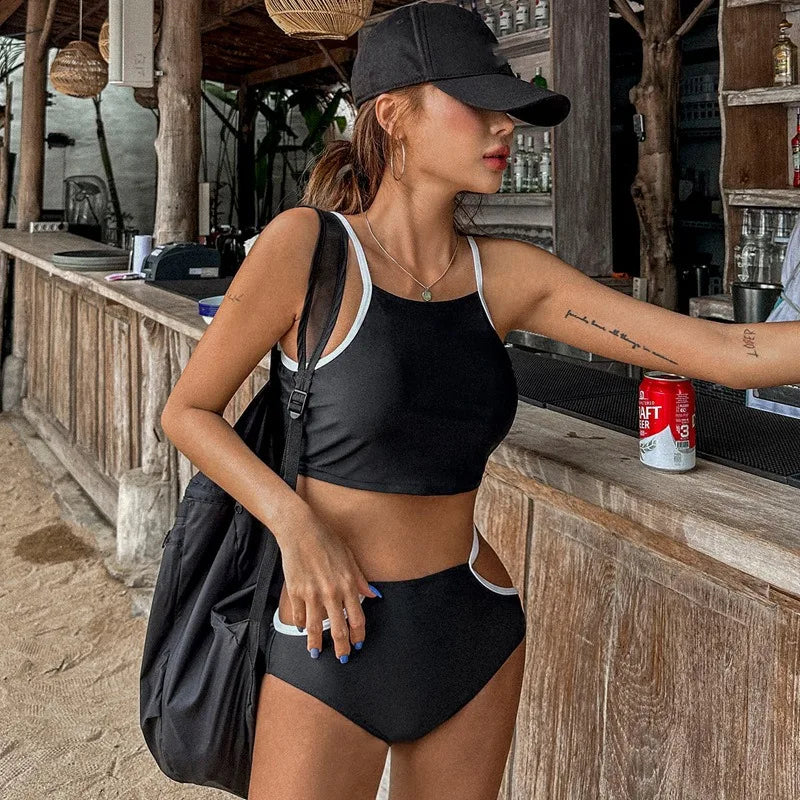 Sexy Korean Fashion High Neck Bikinis Sets High Waist Swimsuit Two Pieces Sports Bathing Suits Padded Swimwear Biquini Beachwear