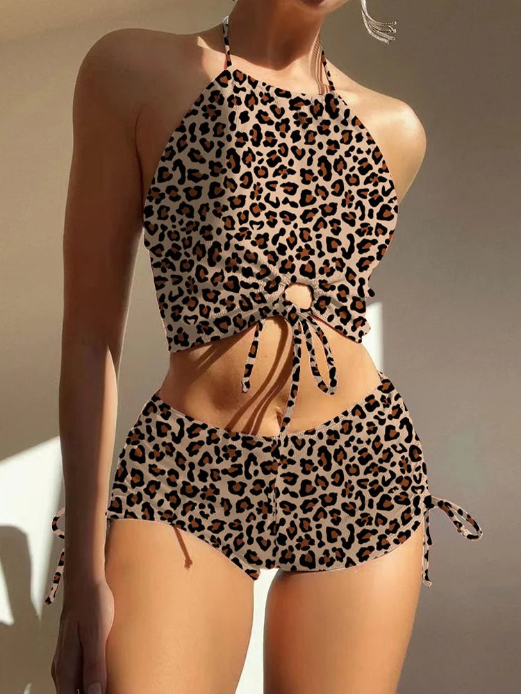 AOTVOTEE Sexy Leopard Bikini Shorts 2 Piece Set Women Laced Up Split Swimsuit Beach Bikini 2025 New Summer Swimwear Bikinis Set