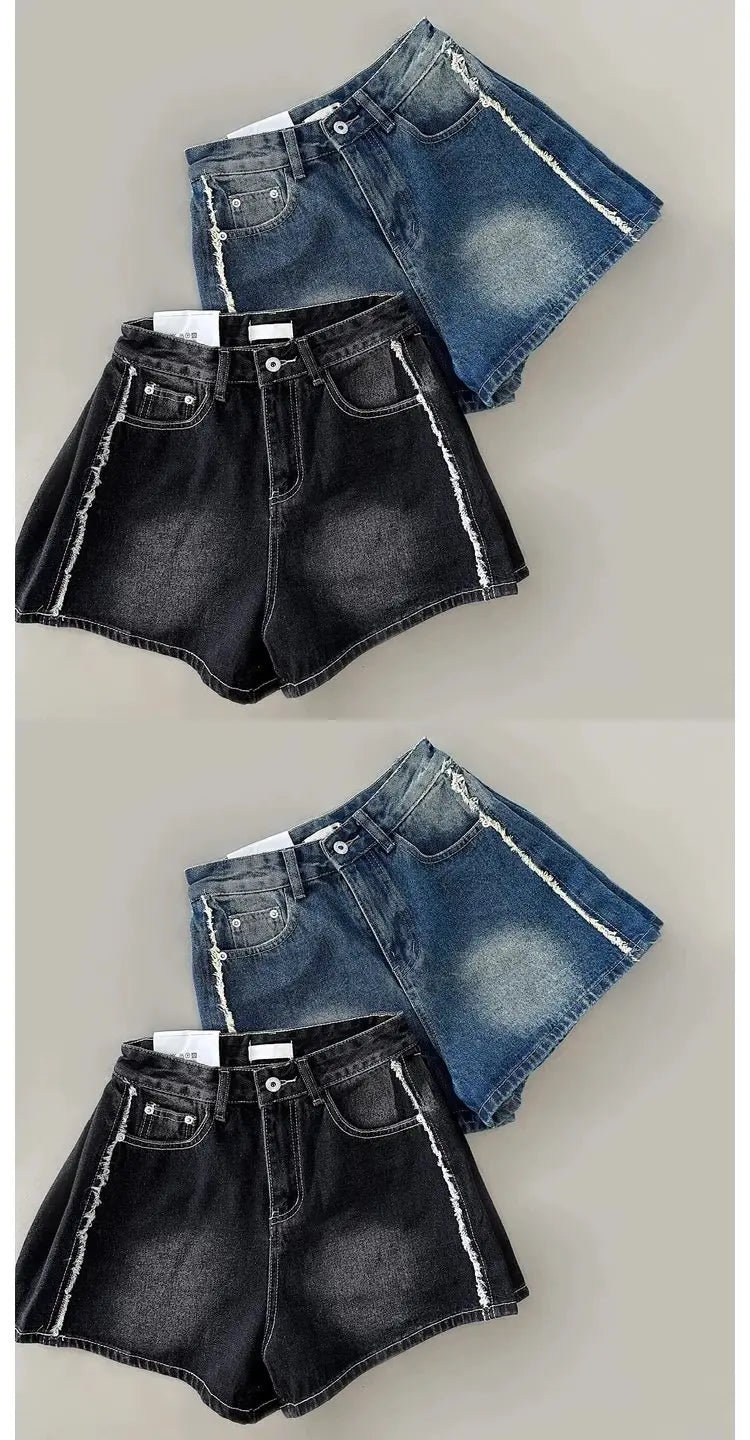 Retro Waed Distred High Waist Wide Leg Jeans orts Casual Sle A-Line Loose Fit Summer Denim orts for Women