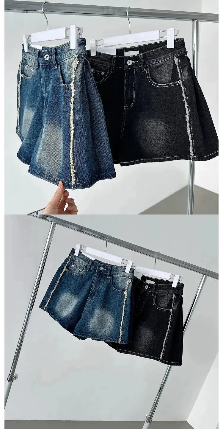 Retro Waed Distred High Waist Wide Leg Jeans orts Casual Sle A-Line Loose Fit Summer Denim orts for Women