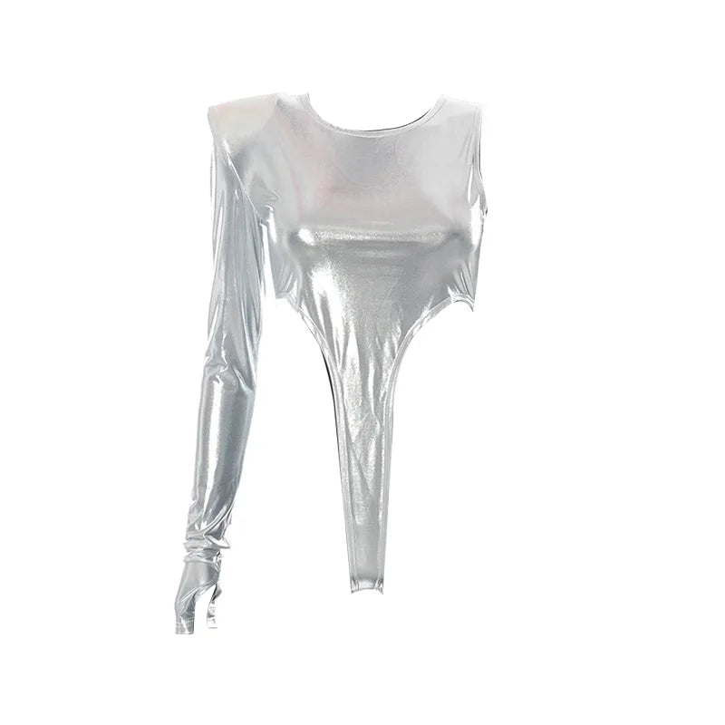 Shoulder Pads Metallic Asymmetrical Sexy Bodysuit Casual Playsuit Soild Splicing Lady Jumpsuit Slim Fit O-Neck Streetwear Tops