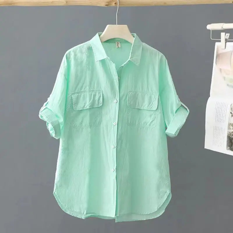 Summer Korean Style Solid Cotton Chic Women's Shirt Casual Loose All Match Office Lady Blouse Female Short Sleeve Blusas Mujer