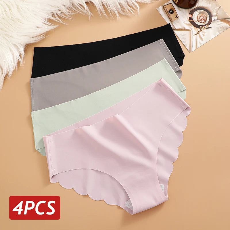 Ice Silk Seamless Panties 4PCS/Set Women's Briefs Solid Color Elastic Underwear Female Ultra Thin No Trace Wavy Side Panties