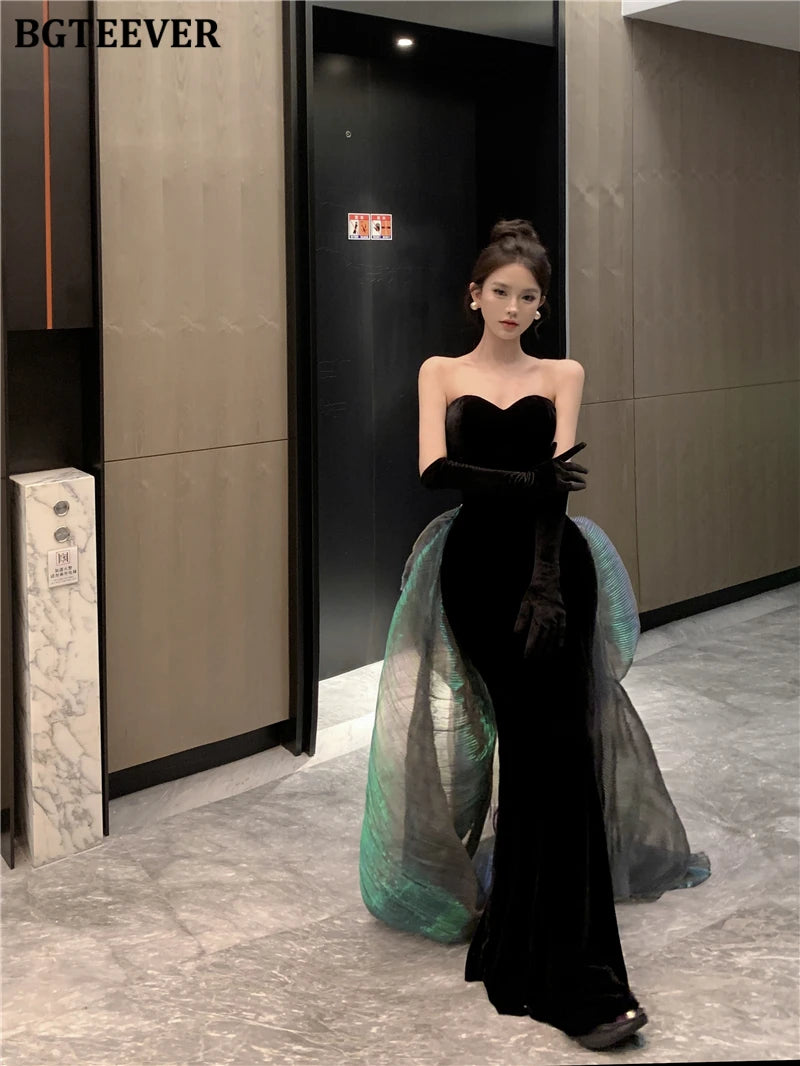 BGTEEVER Fashion Spring Ladies Sleeveless Party Velvet Dress Elegant Slim Waist Women Floor-Length Package Hip Strapless Dress