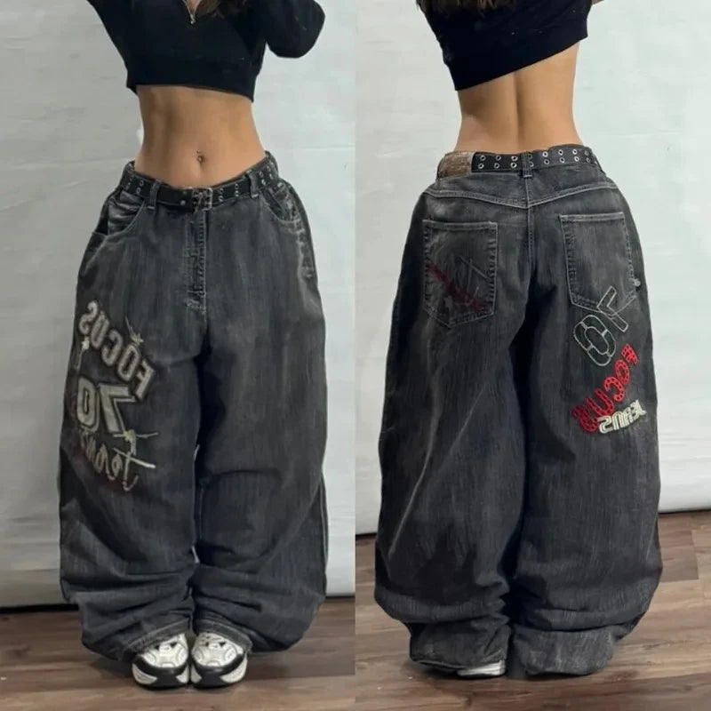 American New Fashion Letter Embroidery Stitching Old Baggy Jeans Women Y2K Harajuku  Popular High Waist Wide Leg Trousers