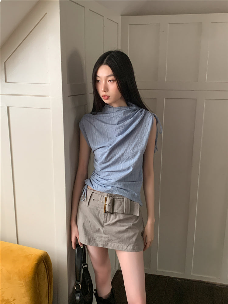 CHEERART Y2k Fashion Blue Striped Ruched Shirring Crop Top For Women 2023 Sleeveless Tees Crew Neck Short T Shirt Summer