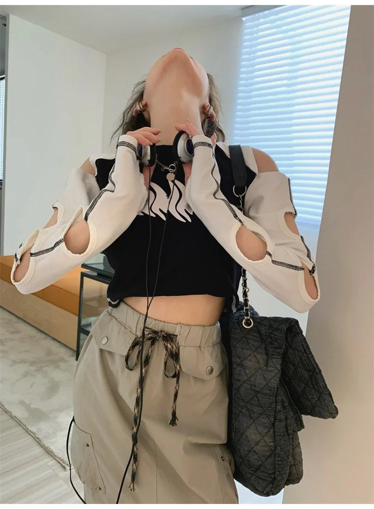 Female Off Shoulder Long Sleeve Tops European and American Sexy Women's Short Slim Navel Print T-Shirt Y2k Vintage Gothic Autumn