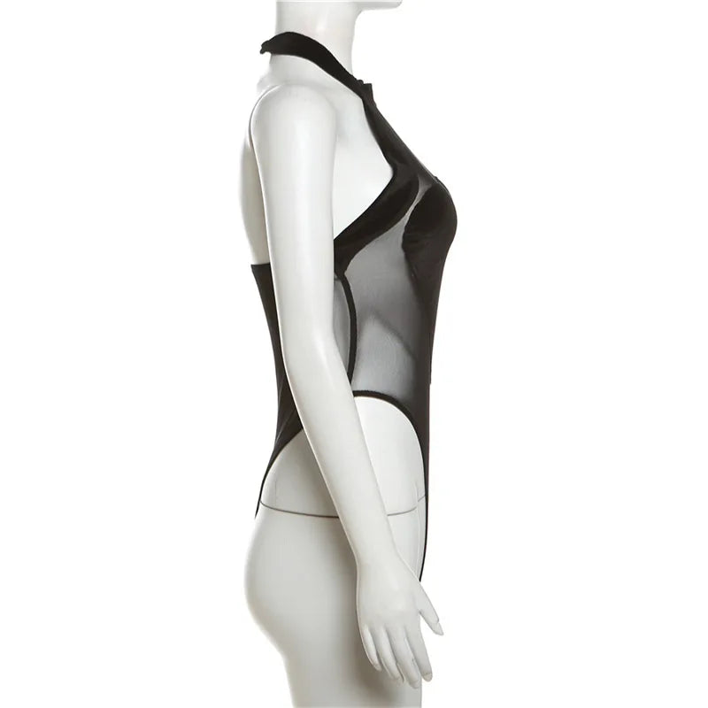 Goth Dark Mesh See Through Gothic Women Sexy Bodysuits Y2k Heart Velvet Sleeveless Halter Tops Grunge Backless Bodycon Bodysuit