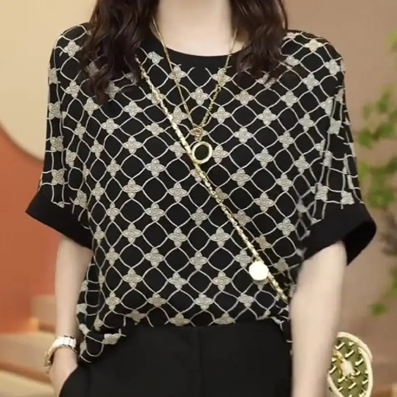 Vintage Fashion Summer Women's O-Neck Printing Screw Thread Patchwork Batwing Sleeve Temperament Versatile Loose T-Shirts Tops