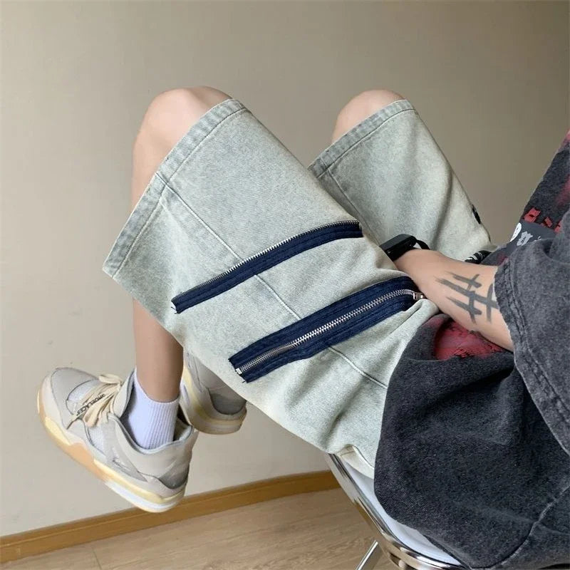 With Pockets Loose Bermuda Half Baggy Man Denim Shorts Long Wide Short Jeans Pants for Men Trend 2025 Harajuku Designer Blue Emo