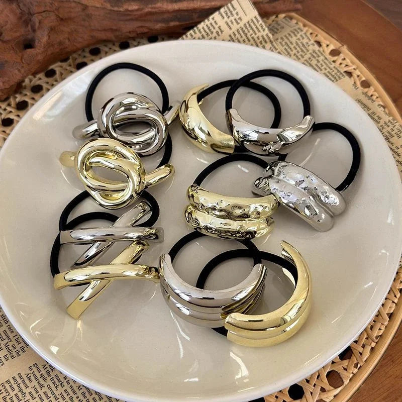 Fashion Punk Hair Bands Metal Irregular Double-Layer Elastic Hair Scrunchies Hair Rope Women  Ponytail Holder Hair Accessories