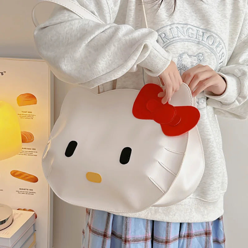 Sanrio Hello Kitty Shoulder Bags Cute Cartoon Bow Large Capacity PU Handbag Y2k Fashion Student Commuting Tote Bag for Girl Gift