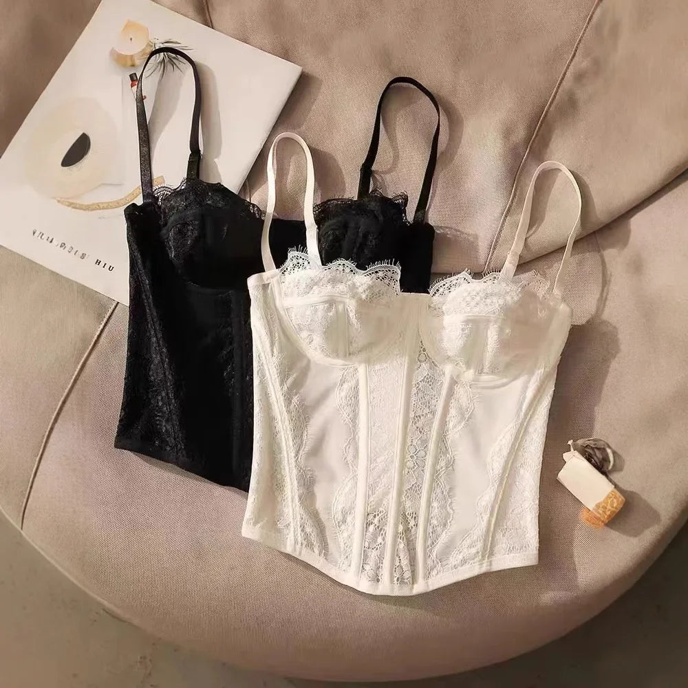 Sexy Gathered Tight Fitting Corset Top Lace Trimmed Transparent Pure Desire Tank Top Polyester Fiber Material From China Mainlan