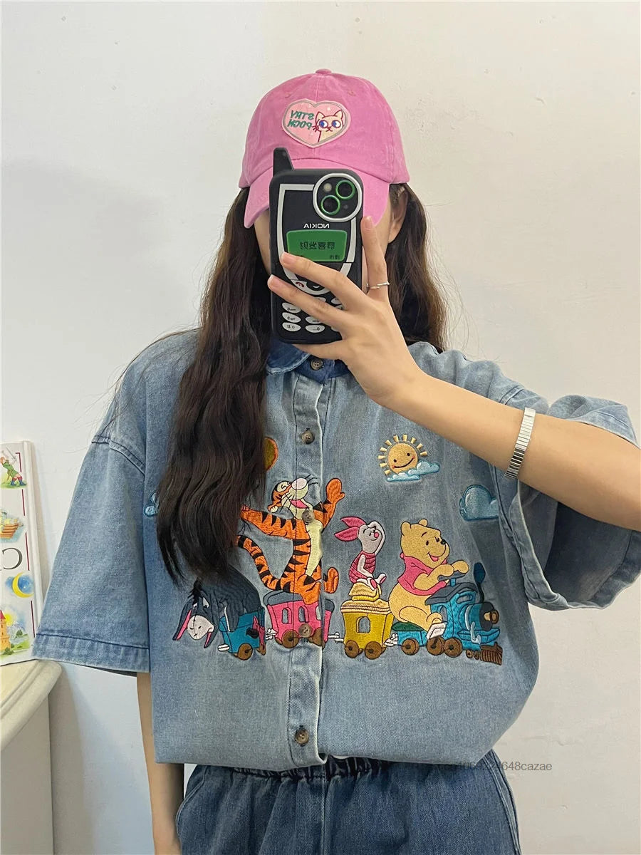 Disney Winnie The Pooh Antique Style Niche Childlike Fun Embroidery Denim Shirt Womem's Summer Loose Shirt Casual Versatile Top