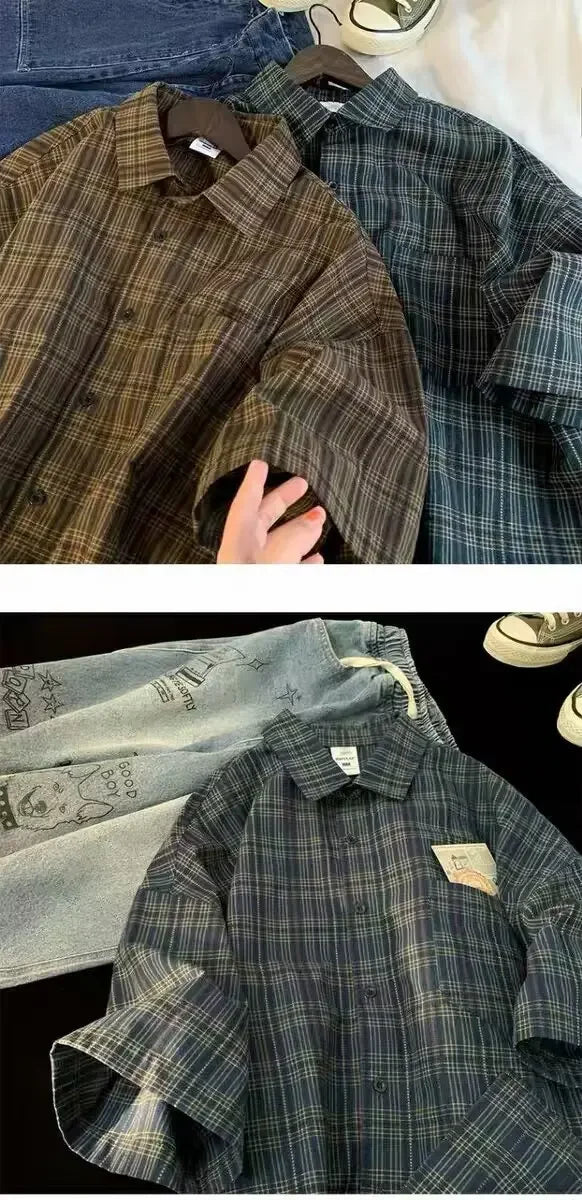Japanese Vintage Plaid Short Sleeve Shirt Men's Streetwear Loose Fit High-end Feel Casual Stylish Versatile Half Sleeve Jacket