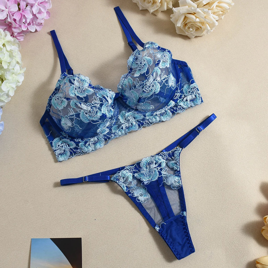 Diccvicc Embroidery Lingerie Set 4 Piece Bra Panty See Through Lace Sexy Outfits Women Garter Belt with Underwear Erotic Costume