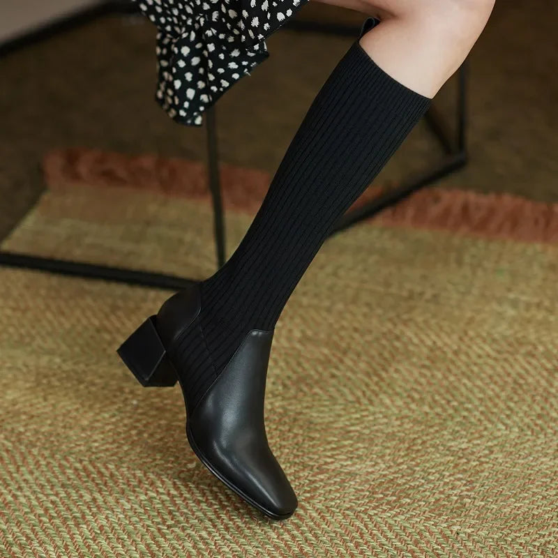 Women's Knee High Boots Luxury Knitted Leather Brown Black Block Heels Warm Classic Elastic Long Boot Winter Shoes Large Size 40