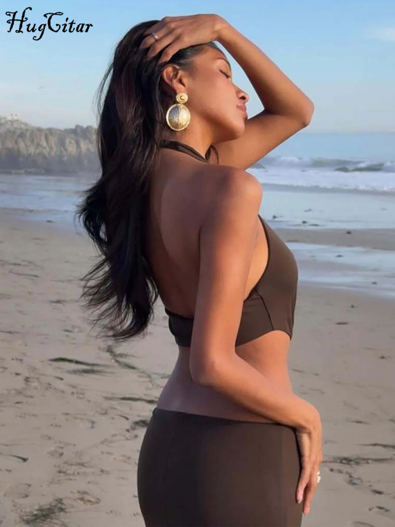 Hugcitar Women'S Fashion Halter Solid Hollow Out Backless Sexy Slit Maxi Dress 2025 Summer Clothes Beach Vacation Y2K Wholesale