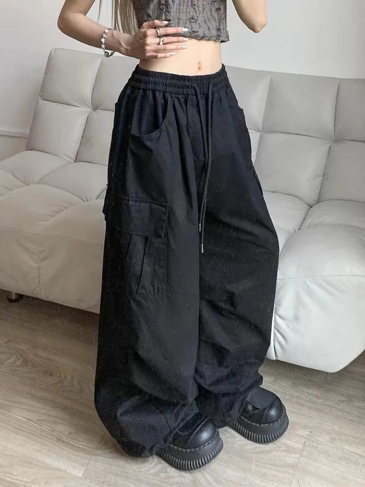 Zoki Loose Vintage Y2K Cargo Pants Women Streetwear American High Waist Trousers Casual Big Pockets Bf Retro Harajuku Pants New