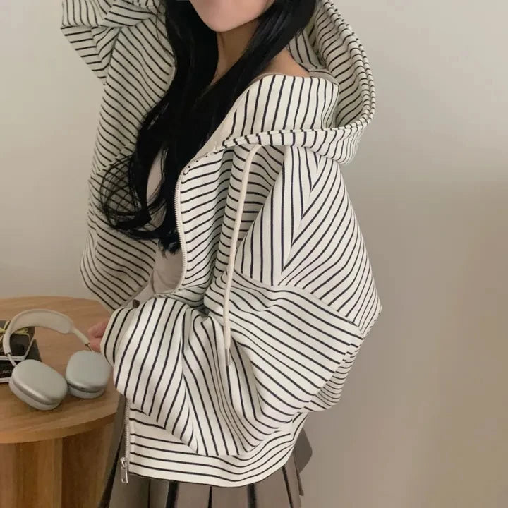 Spring 2025 Women's Chic Loose Casual Lazy Sle Striped Hooded Jaet with ket Open Cardigan Sweatirt Comfortable Fit