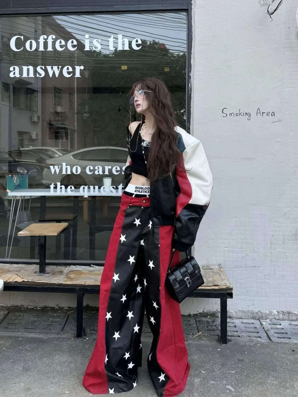 2025 Fall Winter Y2K Sweet Grunge Star Print PU Leather Patchwork Jeans Women Oversized Baggy Streetwear Wide Leg Pants