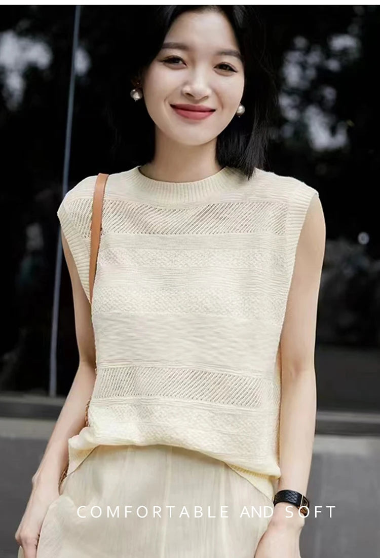 Women's Fashion Sleeveless Tees ONeckPullover Summer Worsted Wool Top Hollow Out T-Shirts Simple Elegant And Smooth Cool Comfort