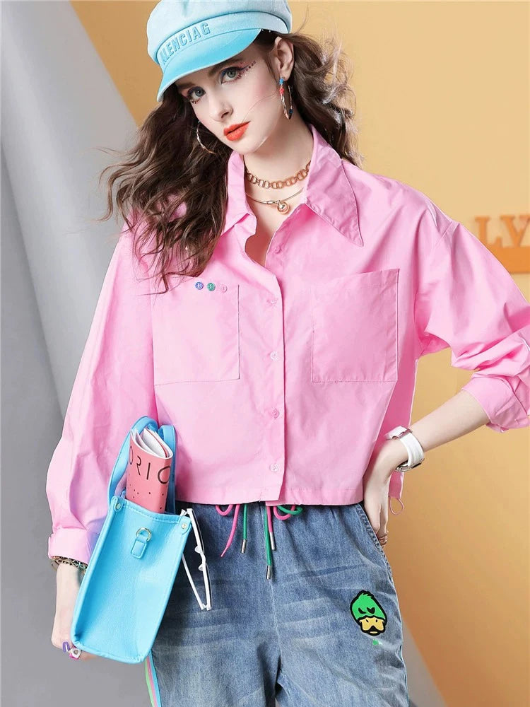 Spring and Autumn Pink Long-sleeved Printed Long-sleeved Women's Shirt Loose Polo Shirt Casual Cotton Top Women's Clothes