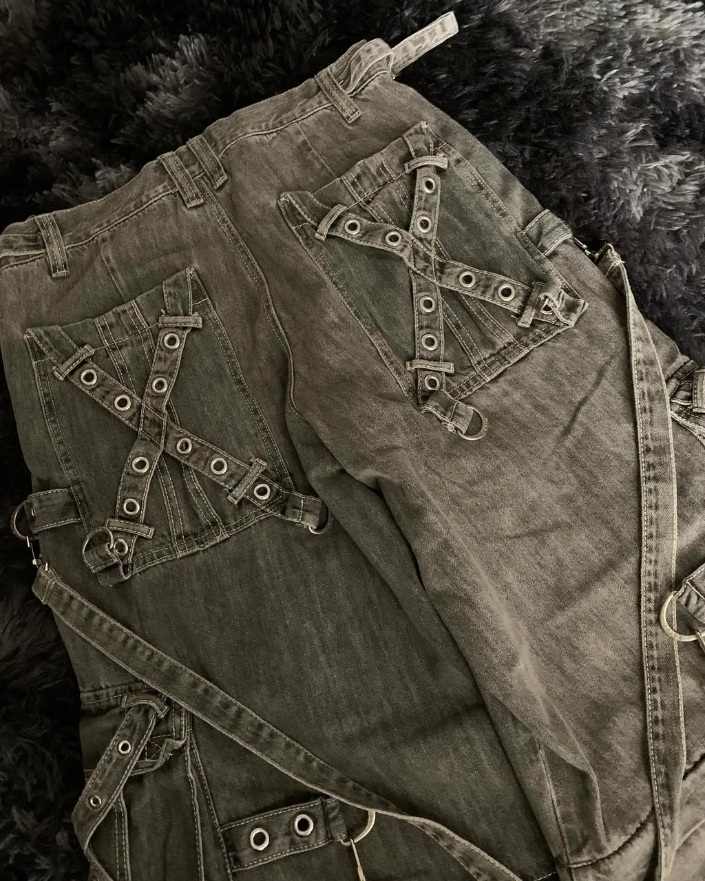 Punk Retro Trendy Strap Jeans Y2k Men Women Hip Hop Multi Pocket Baggy Denim Pants Fashion Patchwork Cargo Trouser Streetwear