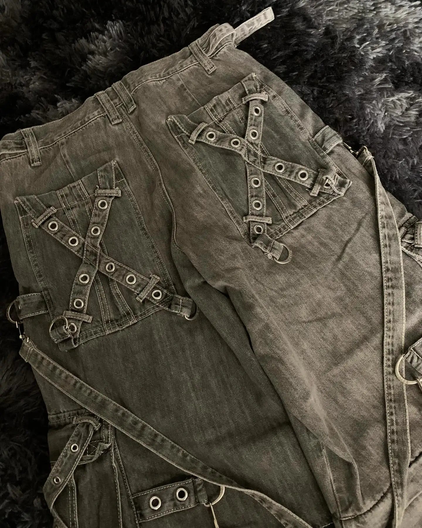 Punk Retro Trendy Strap Jeans Y2k Men Women Hip Hop Multi Pocket Baggy Denim Pants Fashion Patchwork Cargo Trouser Streetwear