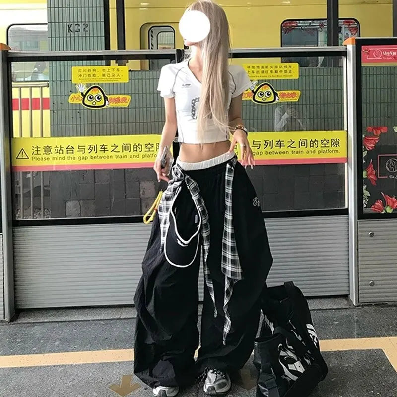Y2K Black Cargo Pants Women Streetwear Plaid Patchwork Baggy Sweatpants Harajuku Wide Leg Joggers Summer Korean Casual Trousers