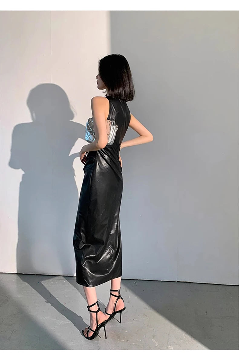 Lautaro Spring Autumn Sleeveless Backless Black Stretchy Blue Soft Faux Leather Midi Tank Dress Women Slim Fit Long Dresses 2023