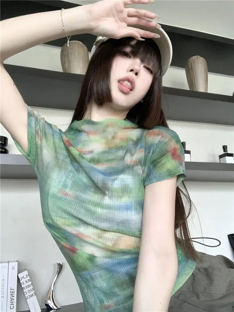 Turtleneck Woman Tops Tie DyeT Shirt for Women Japanese Vintage Fashion Korean Reviews Many Clothes Harajuku Clearance Basic