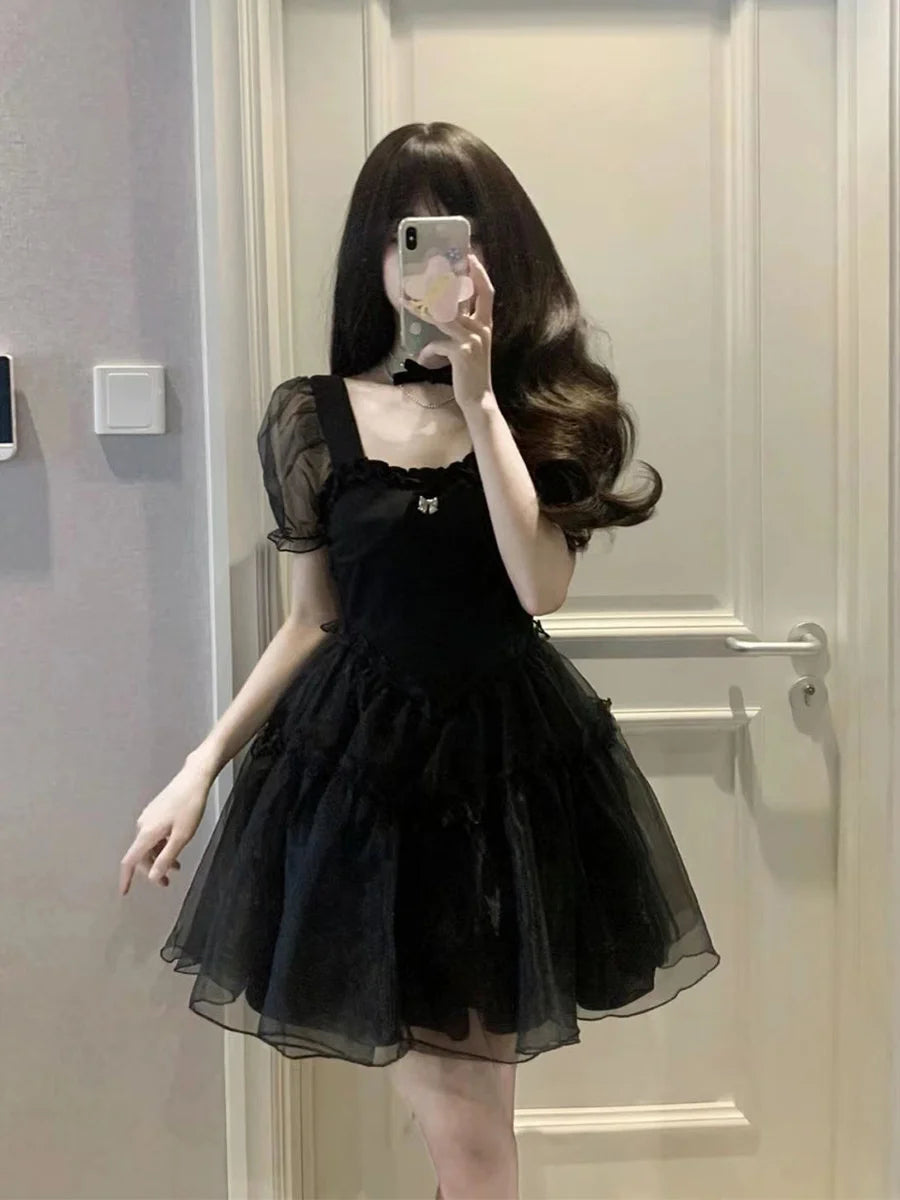 2023 Summer New Black Yarn Dress Fluffy Small Short Square Neck Spicy Girl Sweet Style Small Puff Sleeve Sexy Lovely Short FO30