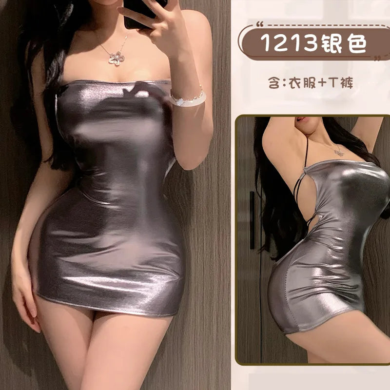 Women's Summer Dress Large Size Sexy And Spicy Girl Strapless Tight Fitting Slimming Wrap Buttocks Mini Dress Silvery 1HM7