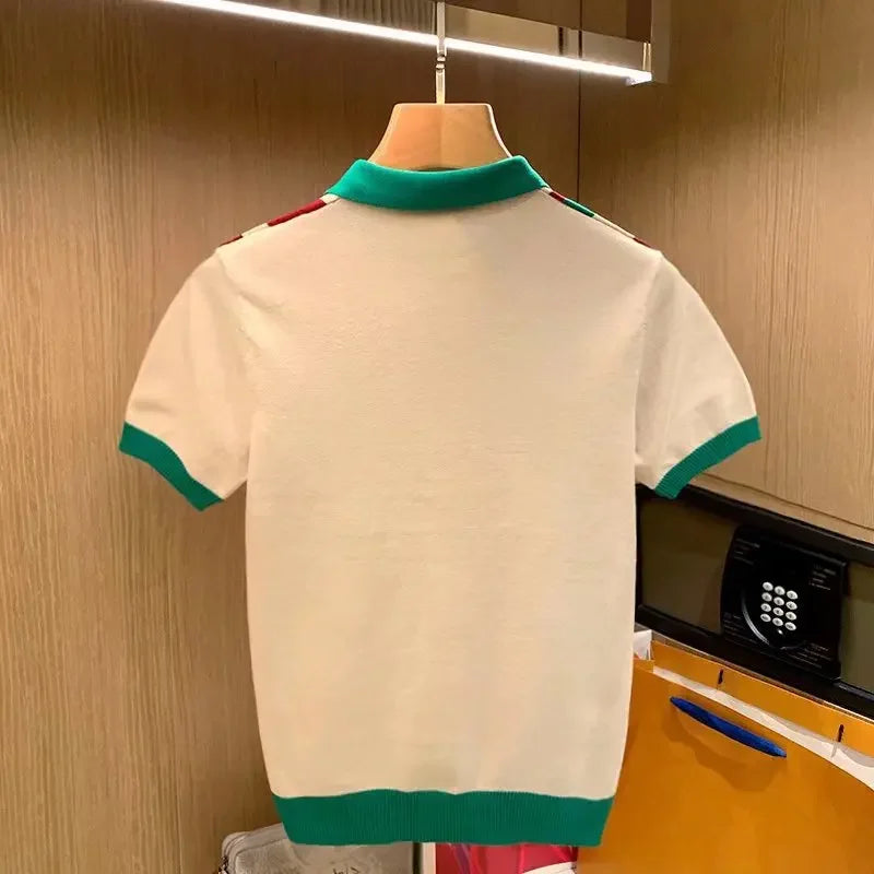 British Luxury Men's Fashion Slim Fit Knit Polo Shirt Casual Style Vertical Stripe Color Block Short Sleeves Sweater