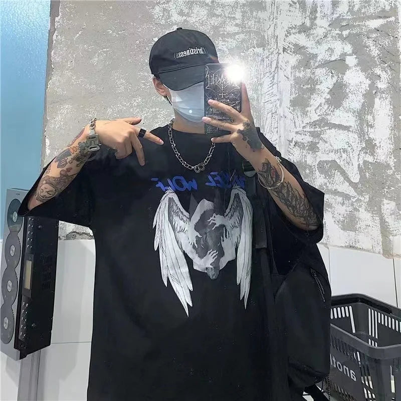 Men T-shirts 2023 Summer Streetwear High Street Gothic Skull Tshirt Loose Oversized Short-sleeved T shirt Dark Anime Men Y2k Top