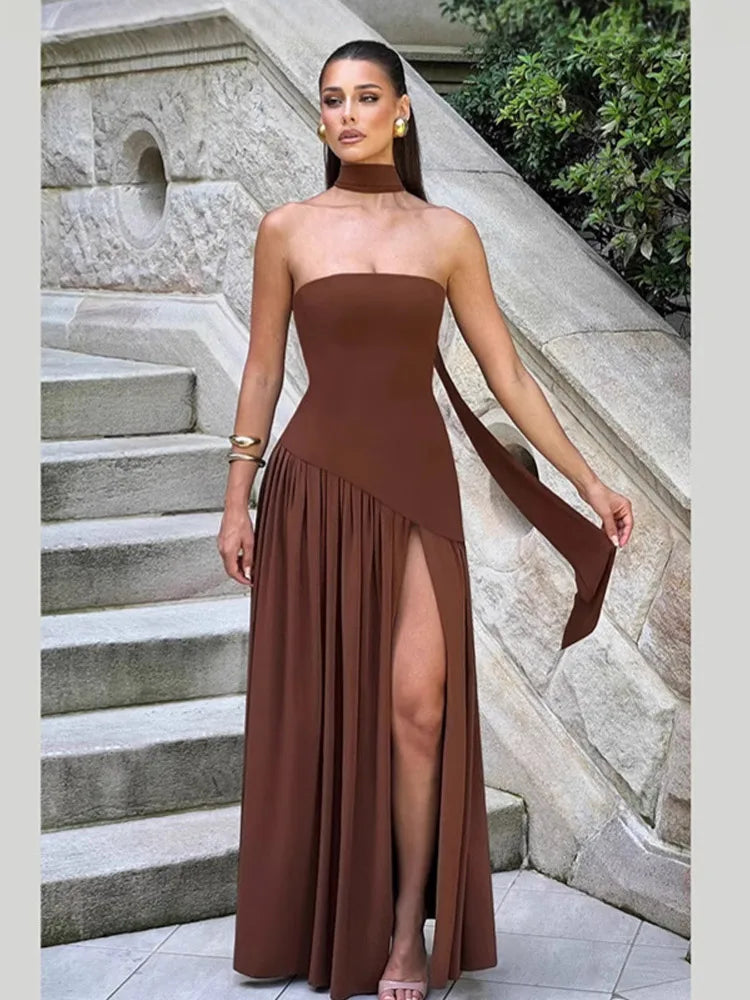 Butter Yellow Scarf Neck Split Long Dress Women Elegant Strapless Slim Fit High Waist Vestidos 2025 Lady Evening Party Gowns New