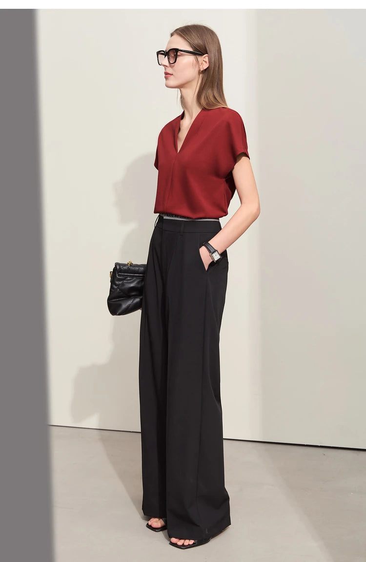 AMII Minimalism 2023 Summer Women's T-shirt Classic Style Casual V-neck Short Sleeve Solid Stretch Female Tops & Tees 12312013