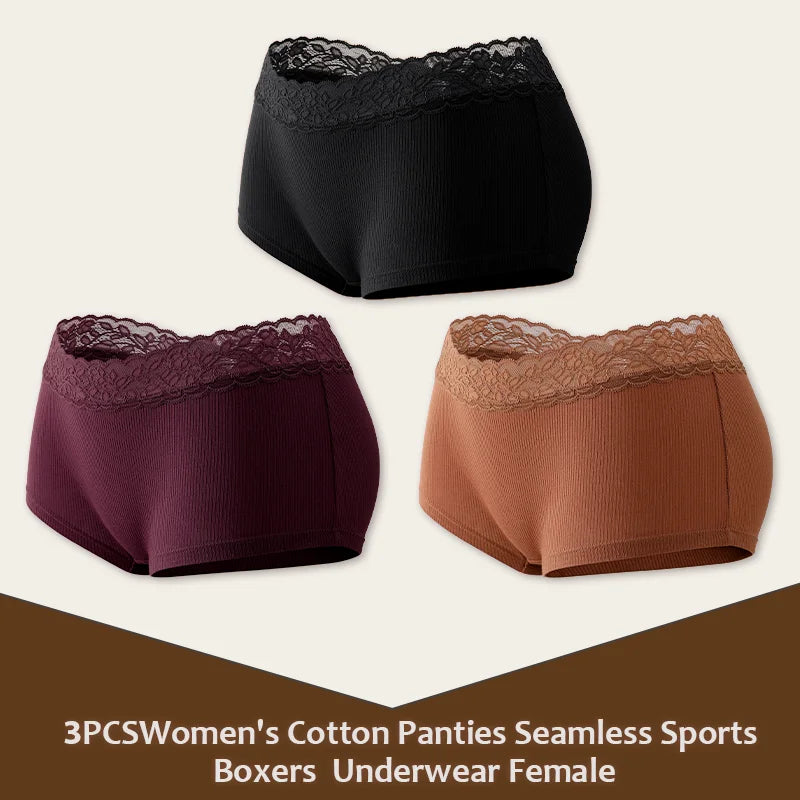 3Pcs Women's Cotton Lace Panties Boxers Seamless Boxer Underwear Female Solid Color Briefs Cozy Lingerie Intimate Underpant S-XL