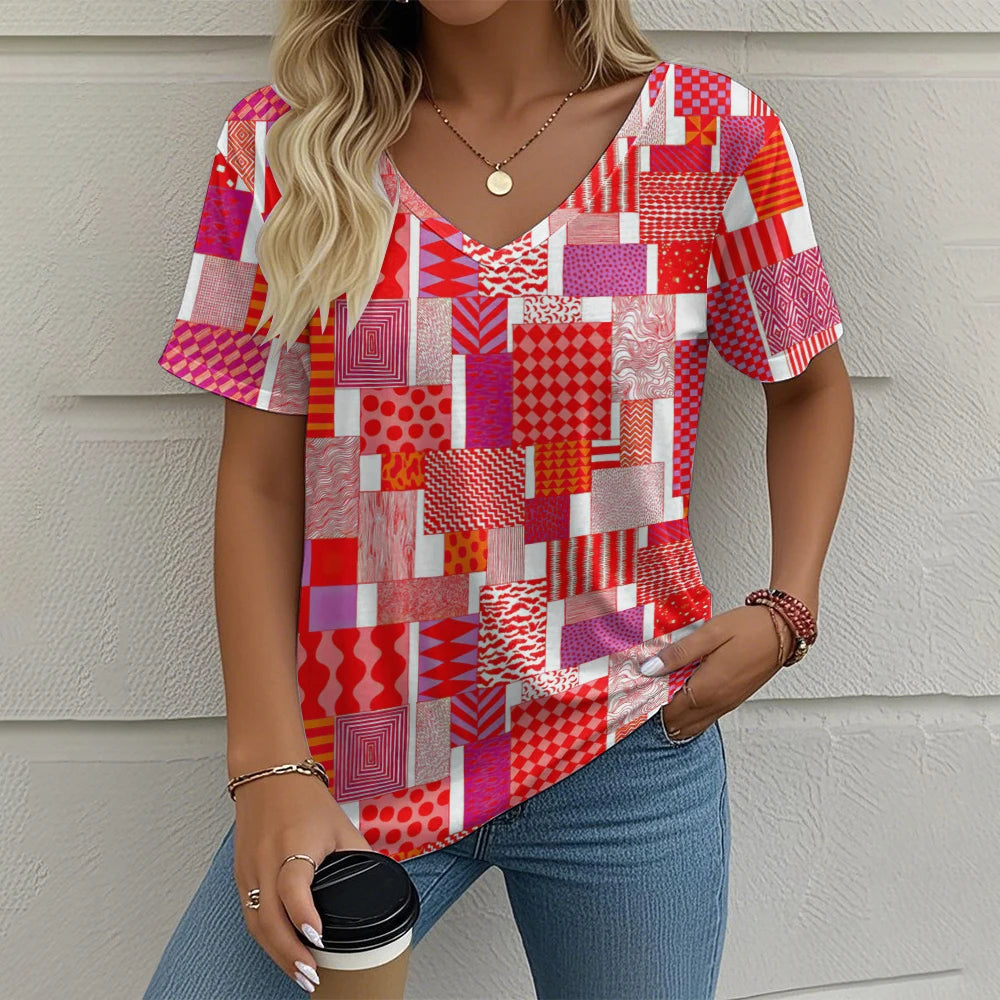 Summer Vintage Women's T-shirt Casual Plaid Pattern Printed Clothing Outdoor V-neck Short Sleeve Top Fashion Street T-Shirts