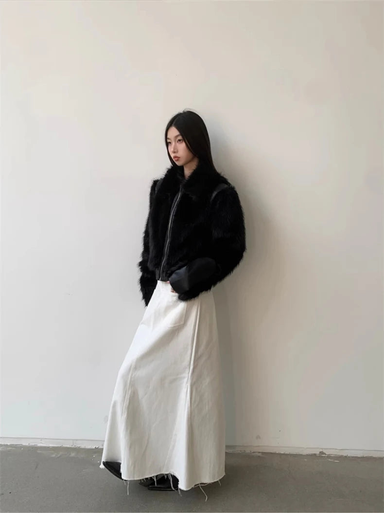 Lautaro Autumn Winter Cool Short Black Soft Thickened Warm Hairy Shaggy Patchwork Faux Fox Fur Coat Women Fluffy Jacket 2023