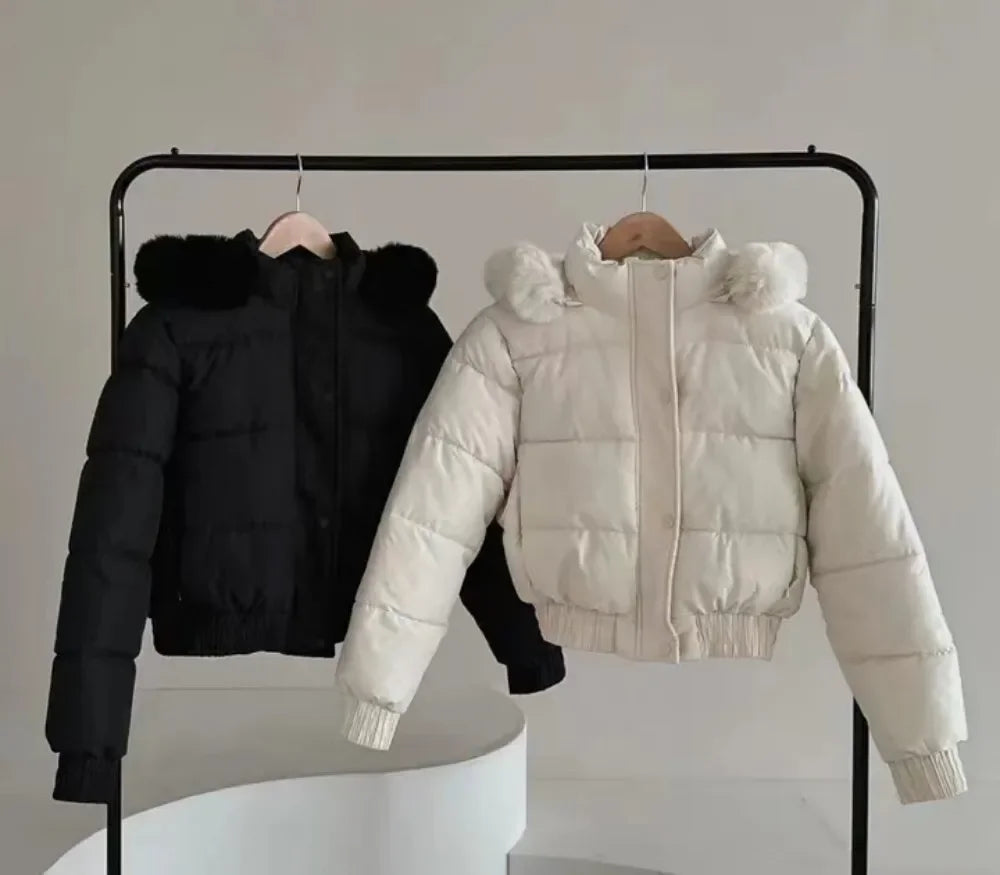 South korea Chic Autumn and Winter Fur Collar Hood Short down Coat Women Fashion Thick Warm Fleece-lined Cotton-padded jacket...