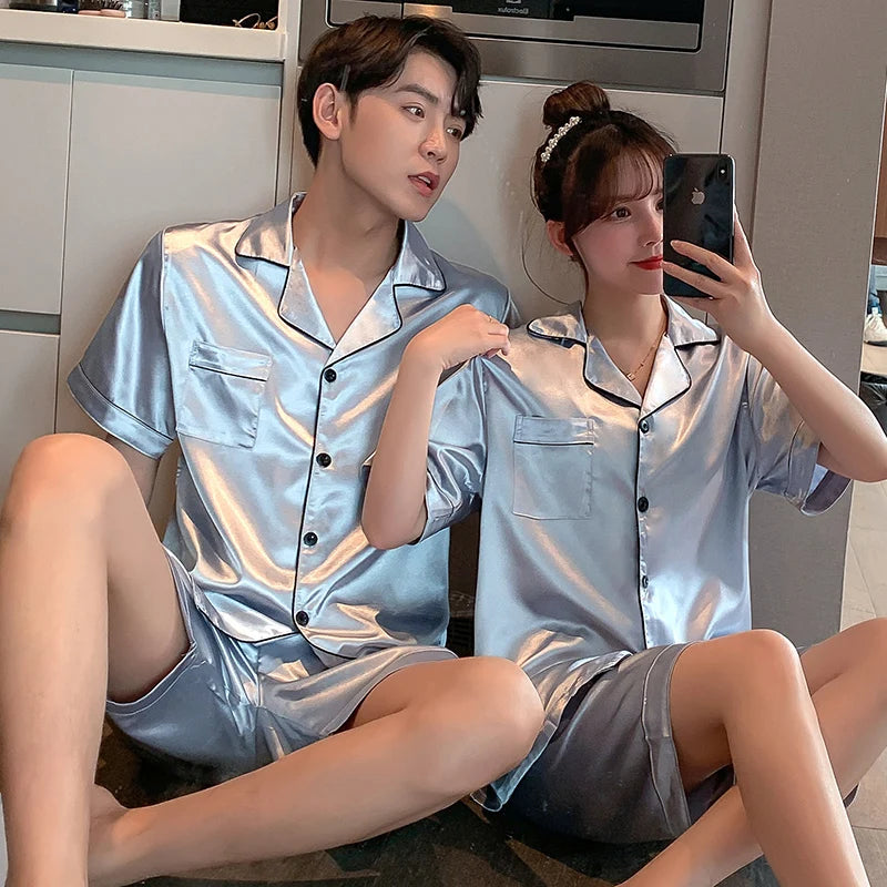 Couples Summer Ice Silk Thin ort Sve Spwear Home Clothes ort Pants Large Size Set Ladies Summer Silk New Model