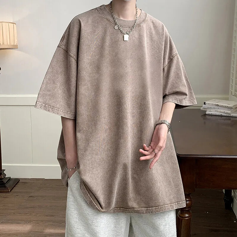Summer Cotton Short Sleeved T-shirt Men Oversized Retro Washed T Shirt Men Streetwear Hip-hop Loose Round Neck T Shirt Mens Top