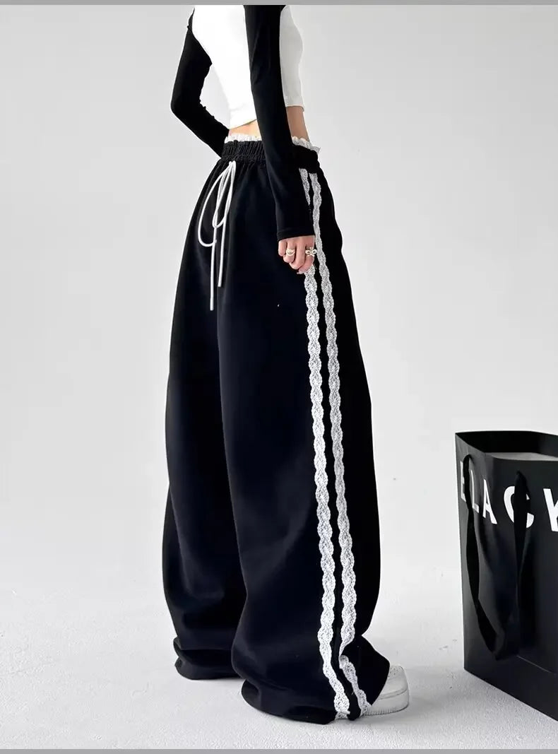Trendy Casual Wide Leg Pants Women's Autumn Winter High Waist Splicing Lace Trim Drapey Slimming Sporty Trousers