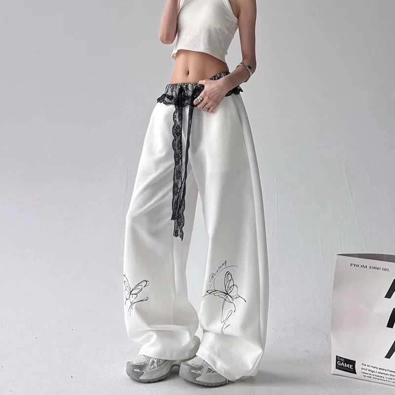 Zoki Vintage Bufferfly Y2K Sweatpants Women Loose High Waist Lace Patchwork Pants Streetwear Retro Casual Bf Harajuku Trousers