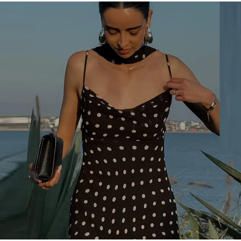 Retro Polk Dot Long Dress With Ribbon Women Sexy Low Cut Sleeveless Pleated Slim Evening Dresses Female Spring Chic Street Party