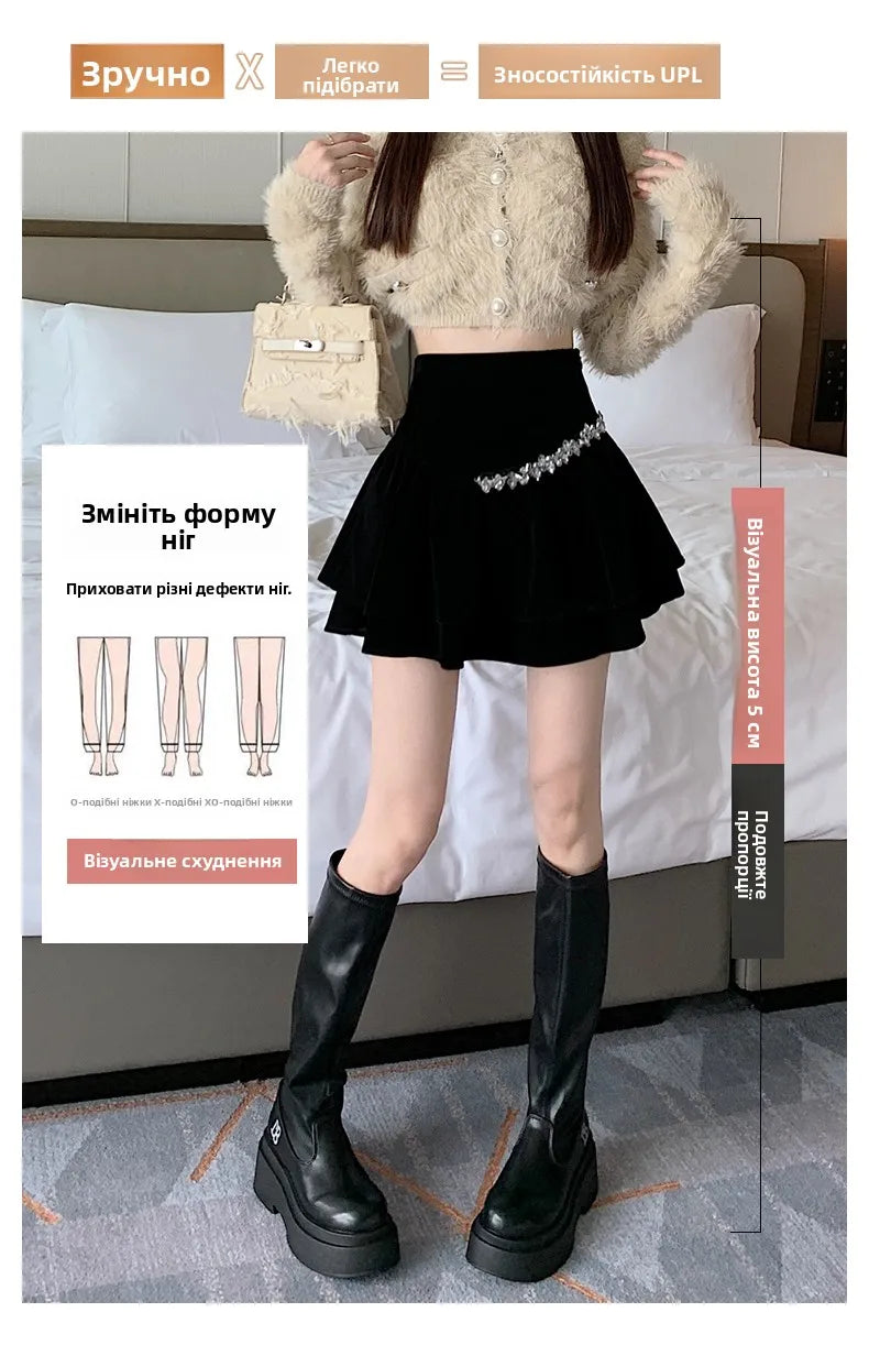 Bla Velvet Cake f Skirt Women's Autumn Winter High Waist A-Line Fluffy ort Skirt Small Size Pleated f Skirt