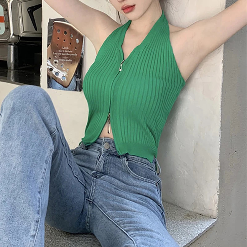 V-neck Camis Women Hotsweet Sexy Halter Crop Tops Zipper Streetwear Pure Sleeveless Chic